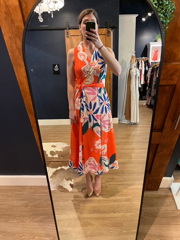 Orange Print Collar Wrap Dress