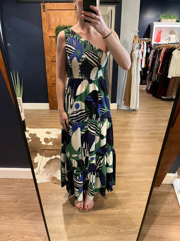 Green Print Smocked One Shoulder Dress