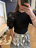 Black Ribbed Puff Sleeve Sequin Top