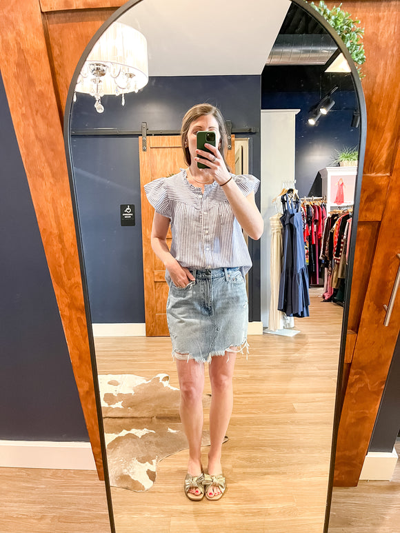 Blue Striped Blouse w/ Ruffle Sleeve