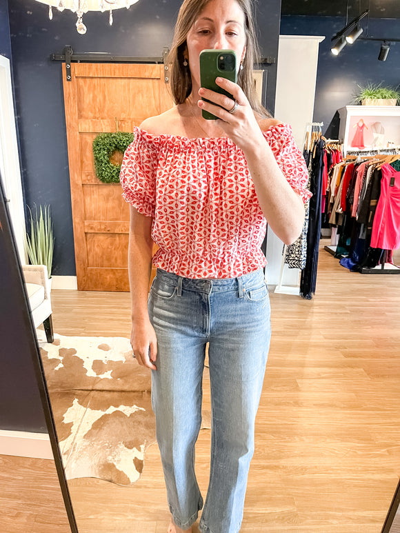 Red/White Eyelet Off The Shoulder Top
