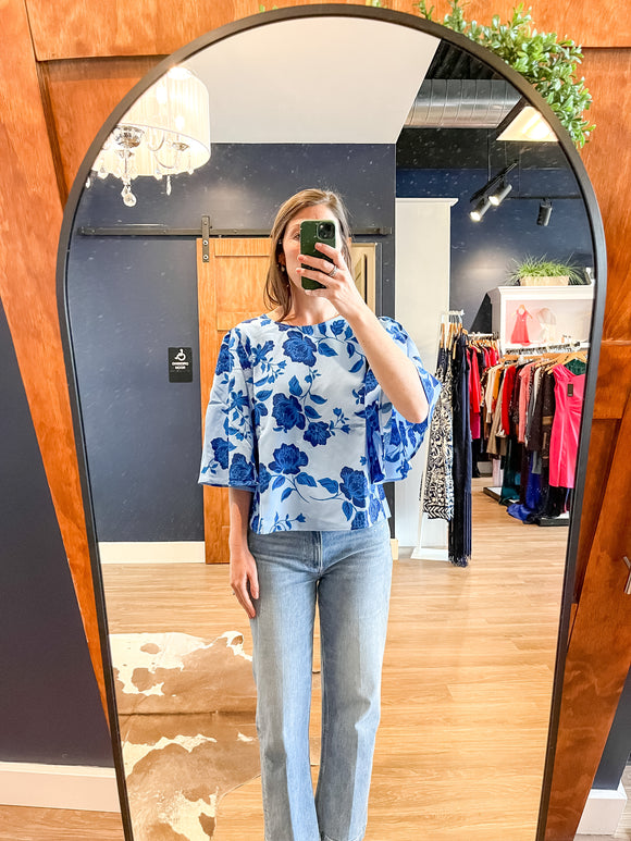 Blue Floral Flutter Sleeve Blouse