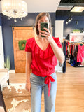 Red Ruffle V Neck Blouse