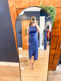 Navy Fitted Midi Dress w/ Cross Back