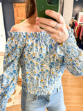 Blue Ditsy Floral Off The Shoulder Blouse