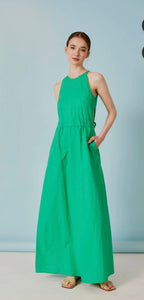 Green Halter Style Linen Blend Dress w/ Side Slit
