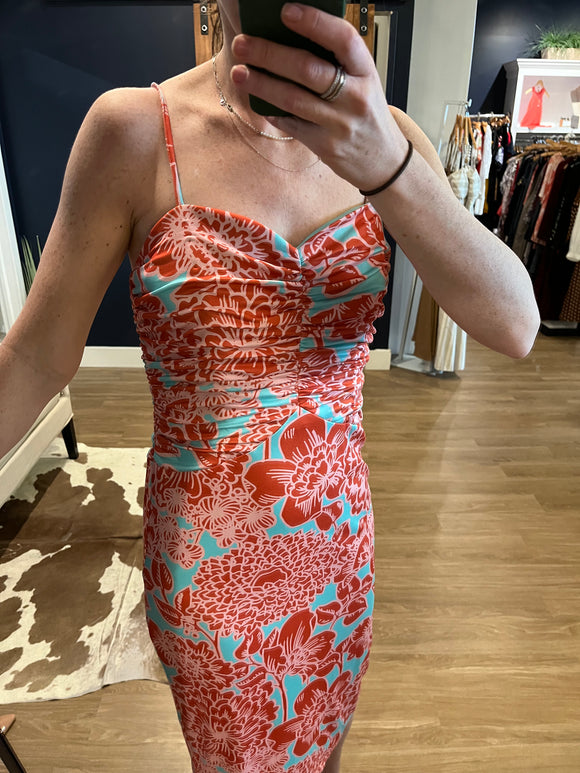 Orange/Aqua Ruched Bodice Dress
