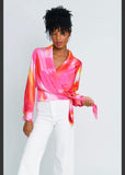 Pink Shawl Collar Long Sleeve Wrap Top