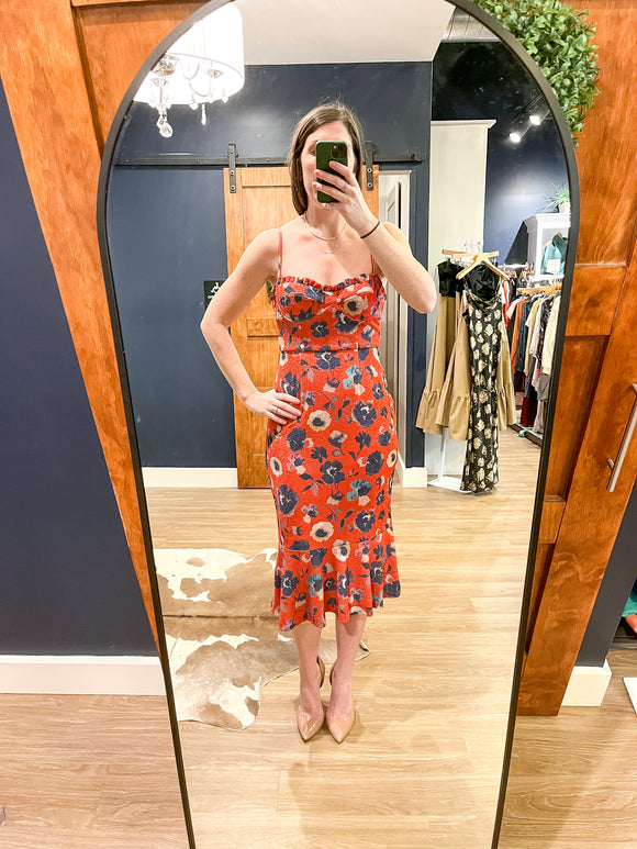 Red/Blue Ruffle Bustier Midi Dress