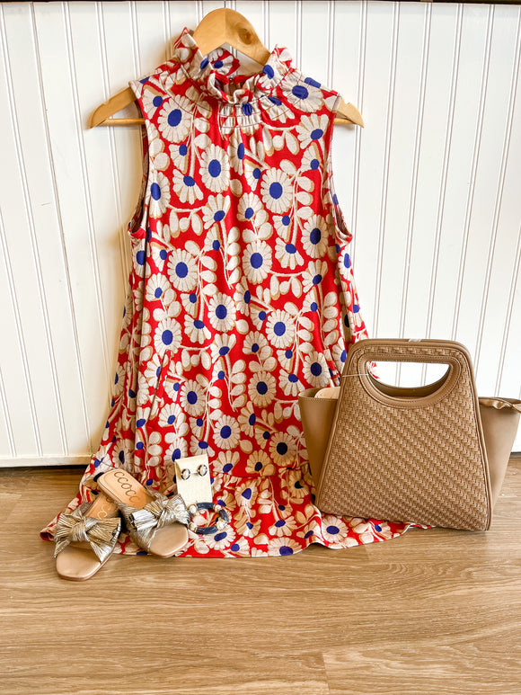 Red Daisy Jacquard Hi Neck Dress
