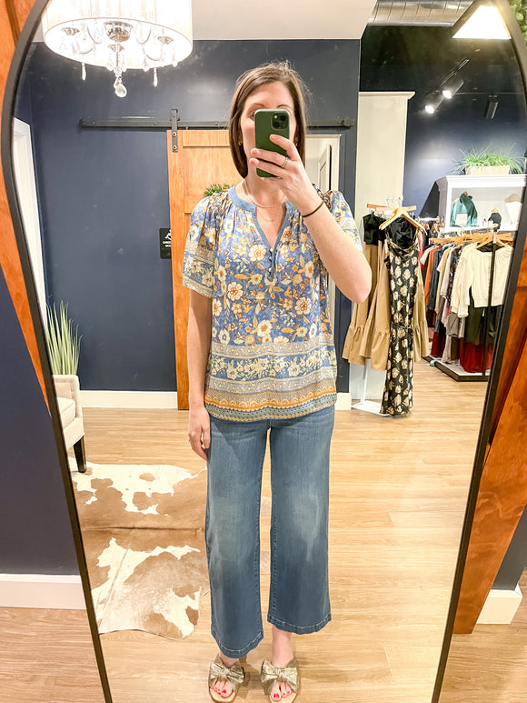 Lt Blue Print Short Sleeve Blouse