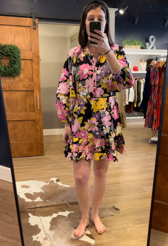 Black/Pink Floral Round Neck Mini Dress