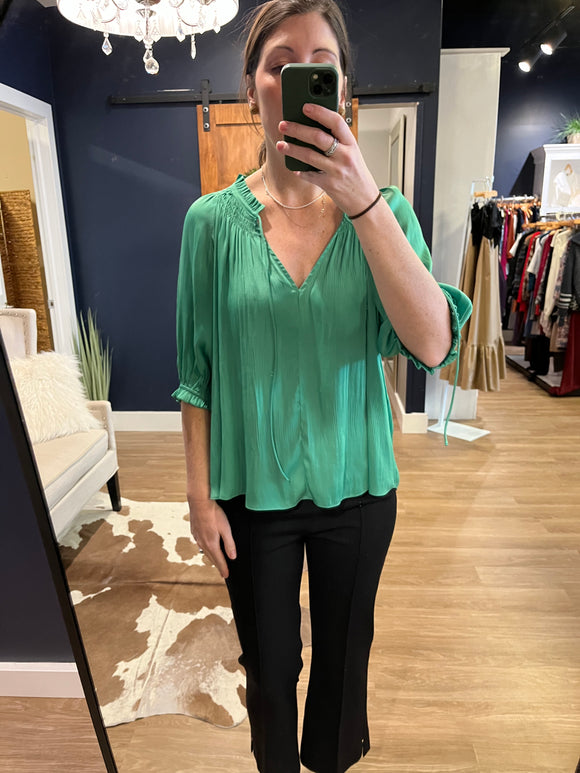 Green Short Sleeve Tie Front Blouse