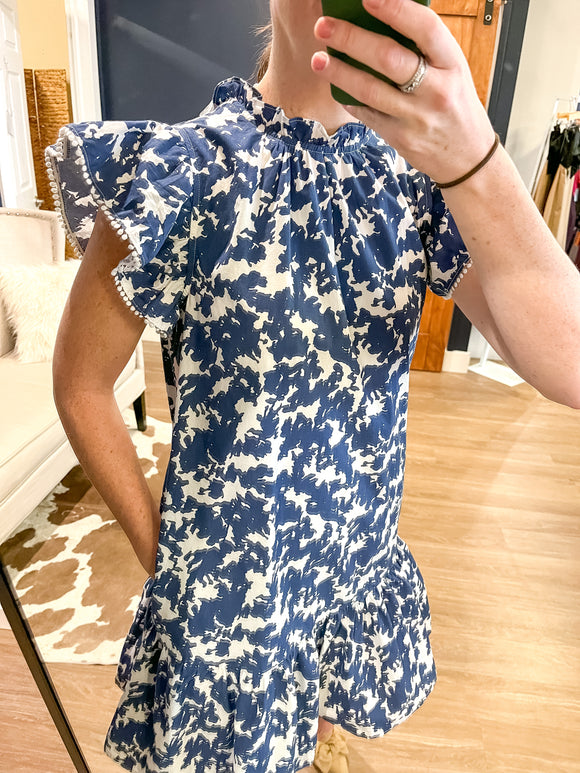 Navy Print Flutter Sleeve Swing Dress