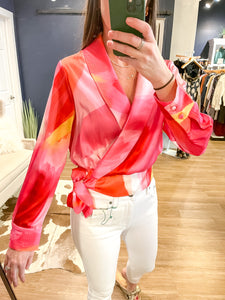 Pink Shawl Collar Long Sleeve Wrap Top