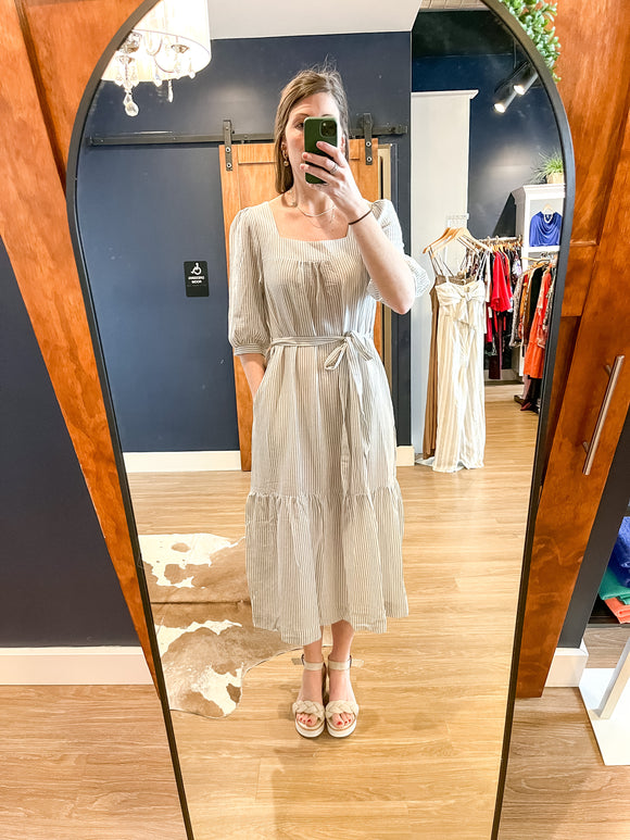 Blue/Natural Striped Square Neck Midi Dress