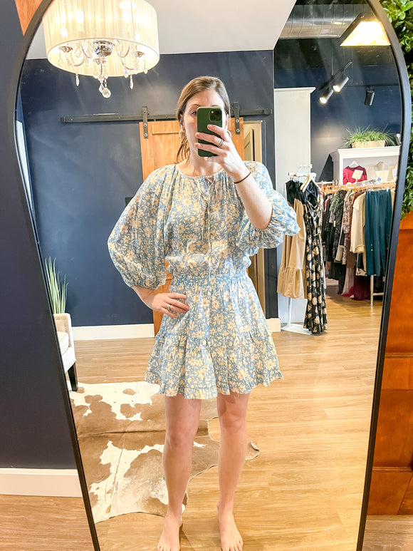 Blue Floral Balloon Sleeve Dress