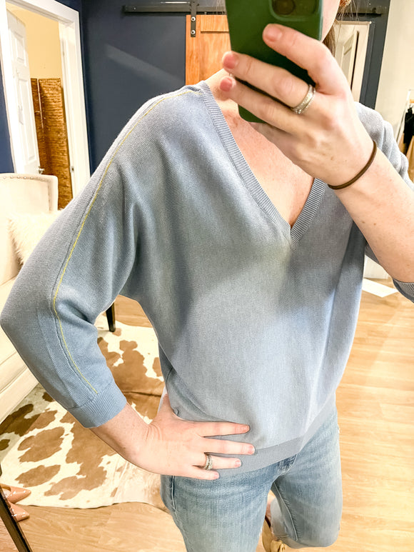 Blue Double V Sweater w/ Contrast Stitch