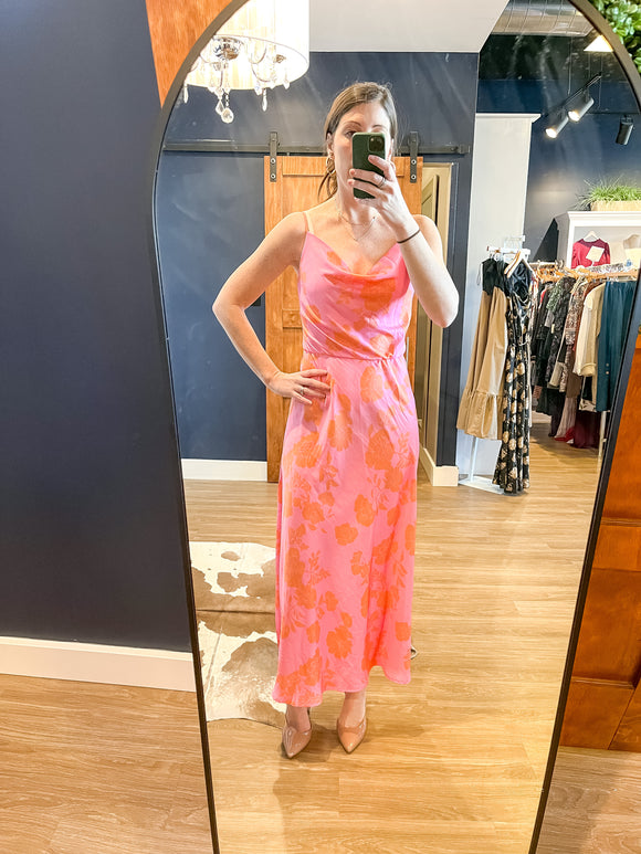 Pink/Orange Drape Neck Slink Dress