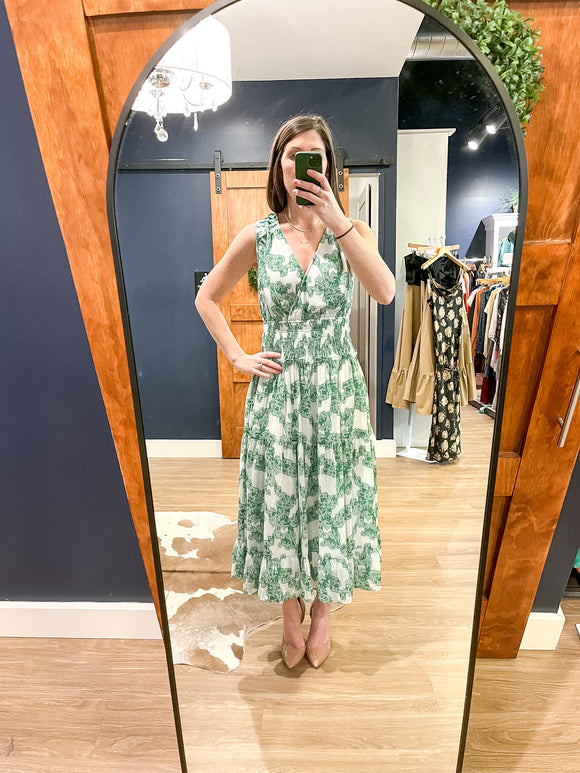 Green Print Tiered Midi Dress