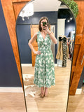 Green Print Tiered Midi Dress
