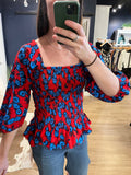 Red/Blue Smocked Blouse