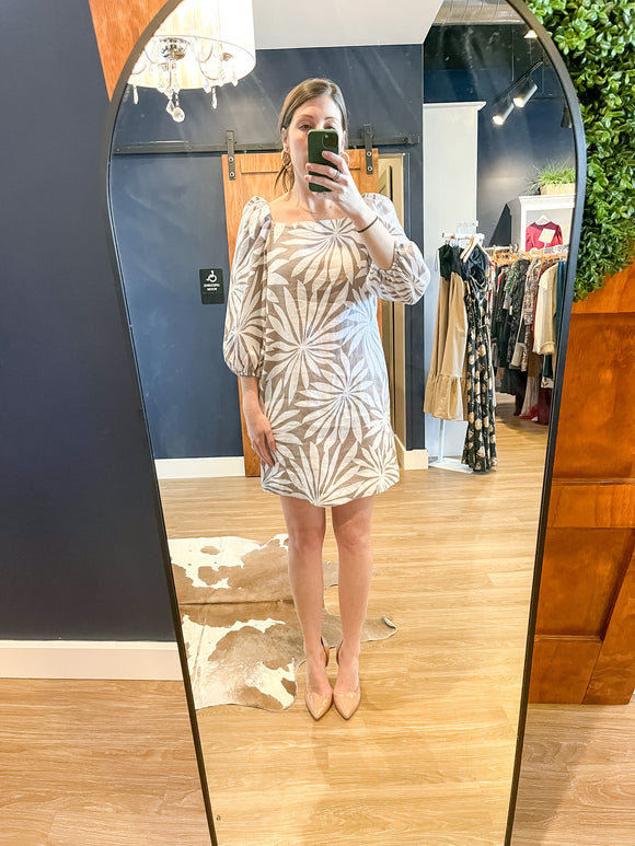 Tan Palm Print Square Neck Dress