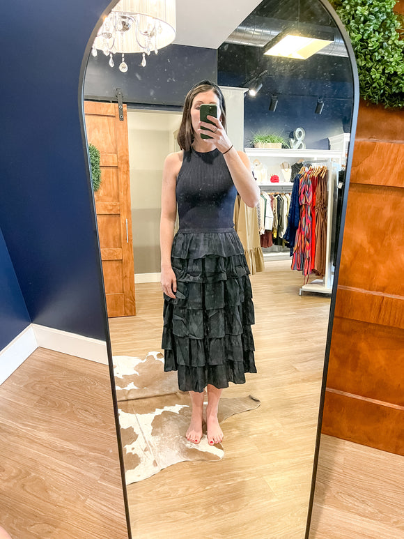 Navy Halter Ribbed Dress w/ Tiered Skirt