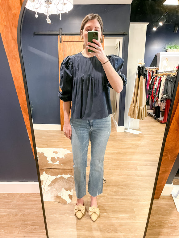 Navy Pleated Front Puff Sleeve Top