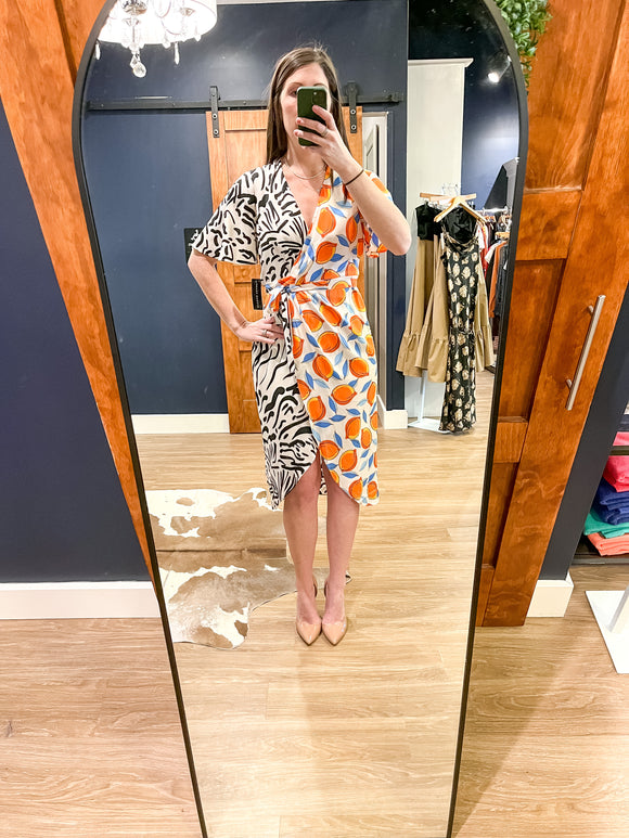 Black/Orange Abstract Wrap Dress