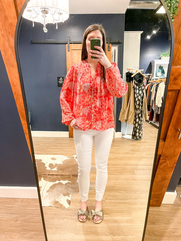 Pink Costa Print V Neck Blouse