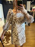 Tan Palm Print Square Neck Dress